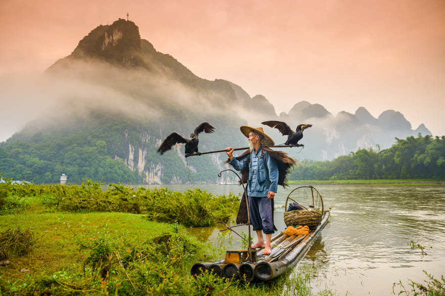 Hombre pescando con cormorán en un rio de Yangshuo, China
